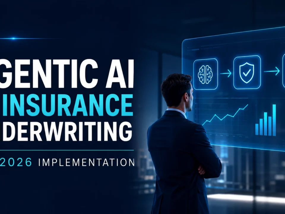 Futuristic insurance underwriting command center with AI automation dashboards risk analysis holographic workflows and enterprise insurtech analytics.