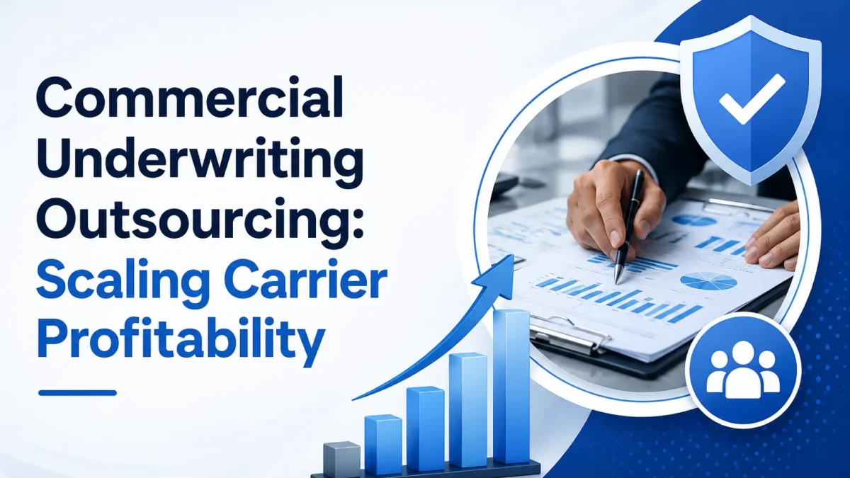 Commercial underwriting outsourcing banner with financial analytics dashboard, growth chart, shield security icon, and corporate insurance risk assessment visuals.
