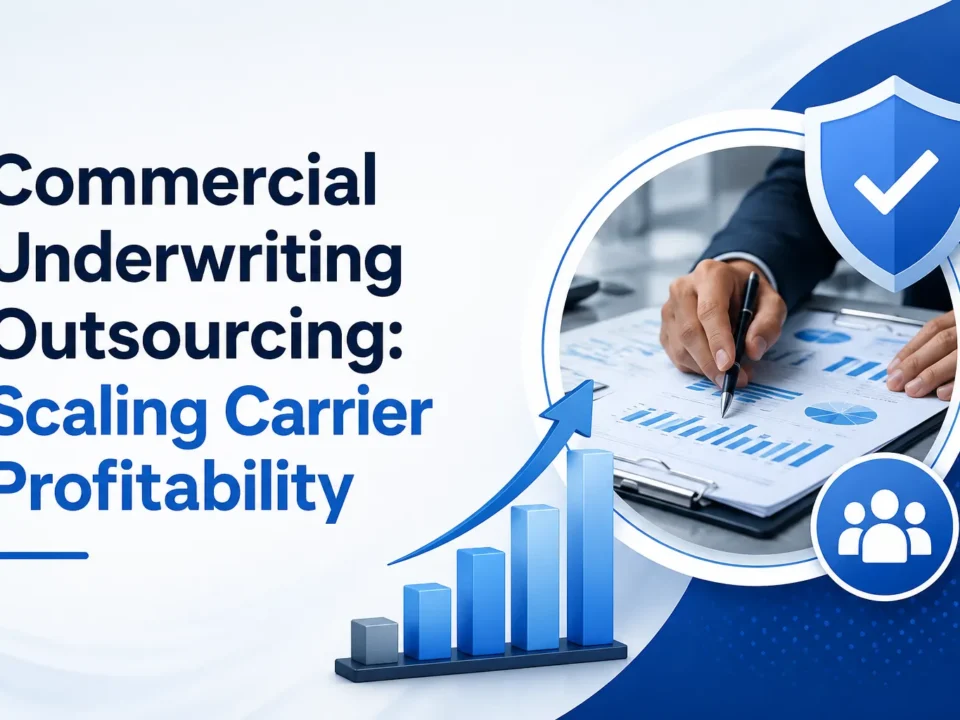 Commercial underwriting outsourcing banner with financial analytics dashboard, growth chart, shield security icon, and corporate insurance risk assessment visuals.