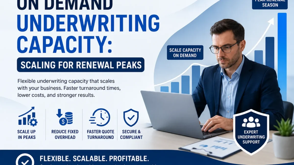 Corporate insurance underwriting professional analyzing submissions with scalable renewal peak workflow graphics representing on-demand underwriting capacity, faster processing, lower costs, and secure underwriting support.