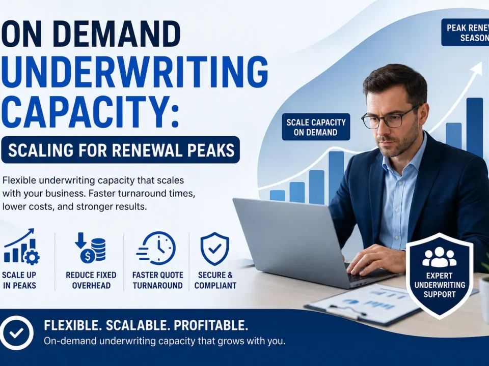 Corporate insurance underwriting professional analyzing submissions with scalable renewal peak workflow graphics representing on-demand underwriting capacity, faster processing, lower costs, and secure underwriting support.