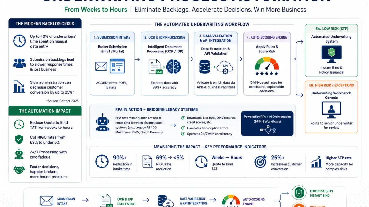 Insurance underwriting process automation workflow showing OCR document processing, API validation, RPA integration, automated risk scoring, and straight-through processing for faster policy issuance.