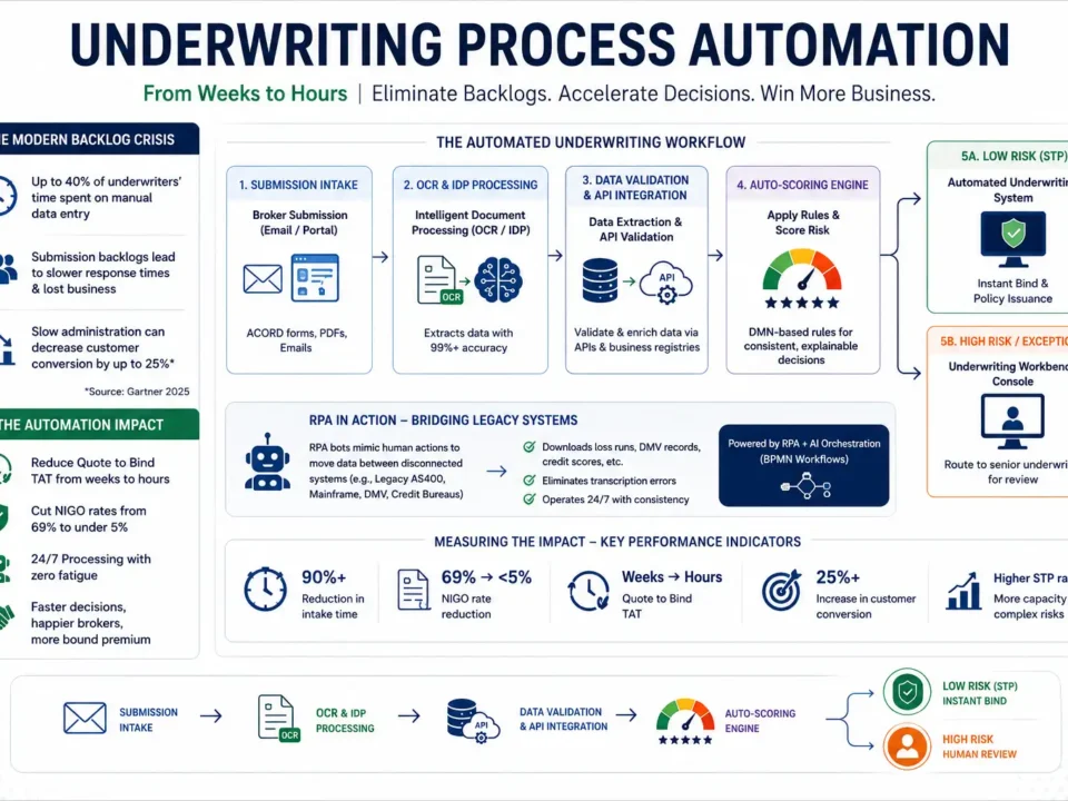 Insurance underwriting process automation workflow showing OCR document processing, API validation, RPA integration, automated risk scoring, and straight-through processing for faster policy issuance.