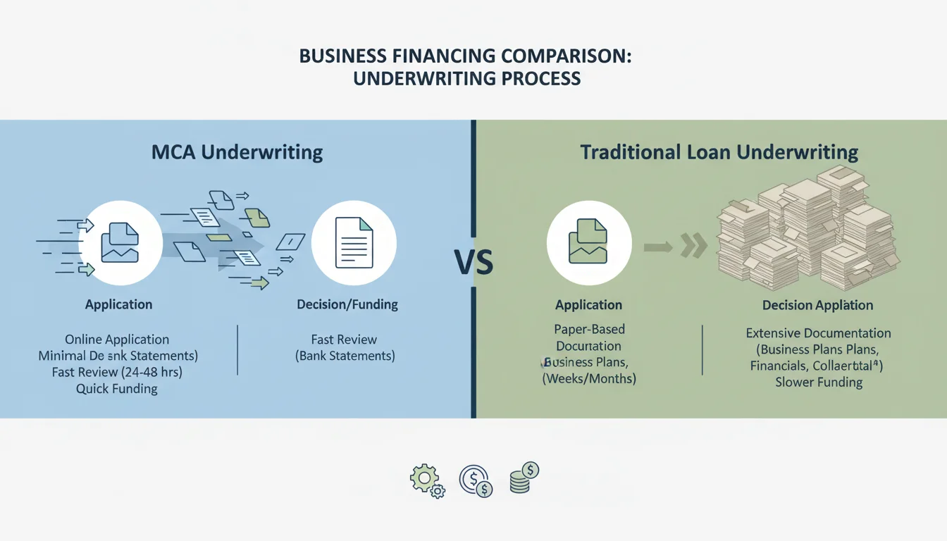 Infographic comparing MCA underwriting fast streamlined process versus traditional bank loan underwriting slow paperwork-heavy process