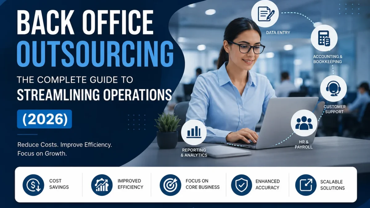 Professional illustration of back office outsourcing services including accounting, HR, payroll, data entry, customer support, and business operations.