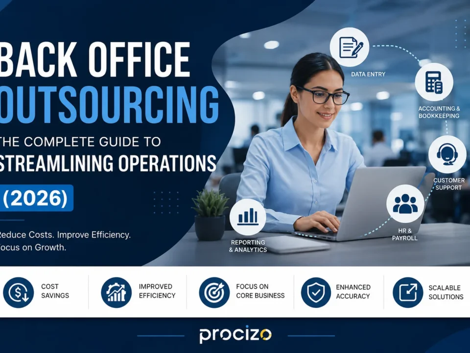 Professional illustration of back office outsourcing services including accounting, HR, payroll, data entry, customer support, and business operations.