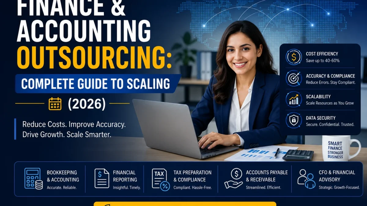 Finance and Accounting Outsourcing services with bookkeeping, financial reporting, tax preparation, CFO advisory, and business growth illustration for 2026.