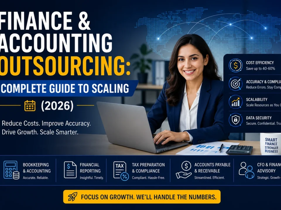 Finance and Accounting Outsourcing services with bookkeeping, financial reporting, tax preparation, CFO advisory, and business growth illustration for 2026.
