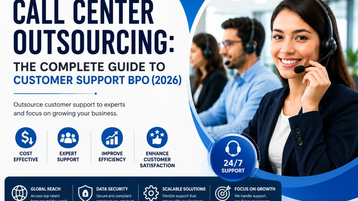 Call Center Outsourcing: The Complete Guide to Customer Support BPO (2026) featuring a professional customer support team providing 24/7 BPO services.