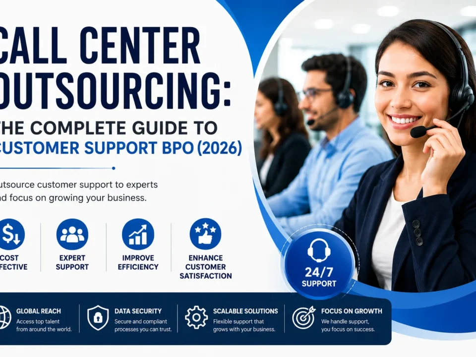 Call Center Outsourcing: The Complete Guide to Customer Support BPO (2026) featuring a professional customer support team providing 24/7 BPO services.