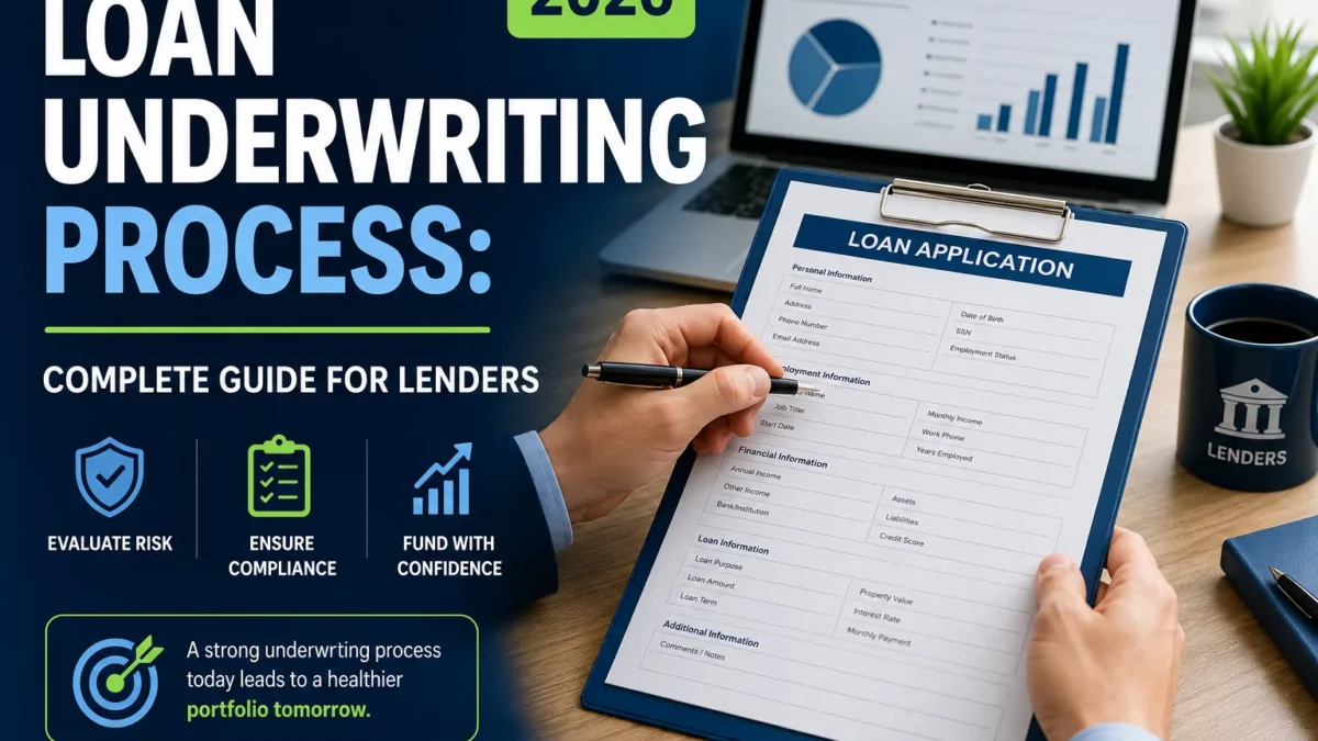Professional illustration of the loan underwriting process for lenders, showing loan application review, risk assessment, compliance checks, and funding workflow in 2026.