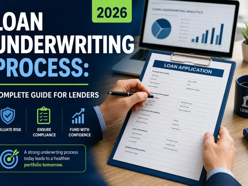 Professional illustration of the loan underwriting process for lenders, showing loan application review, risk assessment, compliance checks, and funding workflow in 2026.