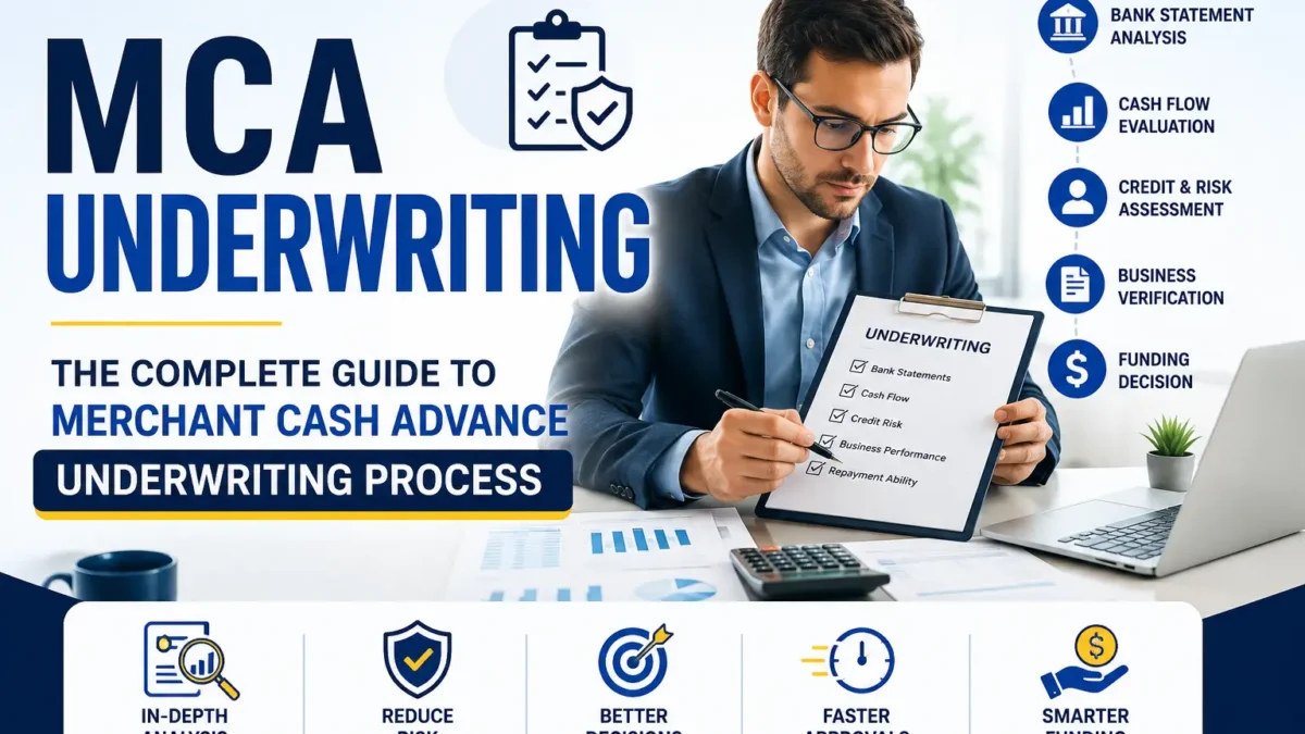 MCA underwriting process showing a financial analyst reviewing bank statements, credit risk, cash flow, and merchant cash advance approval.