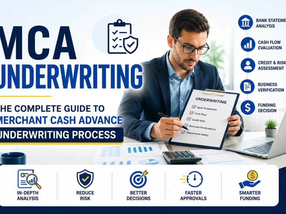 MCA underwriting process showing a financial analyst reviewing bank statements, credit risk, cash flow, and merchant cash advance approval.