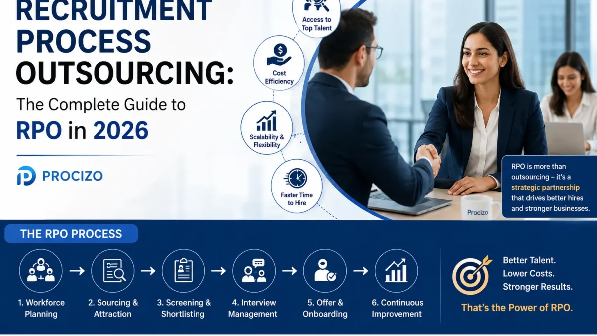 Professional Recruitment Process Outsourcing (RPO) infographic showing the end-to-end hiring process, including workforce planning, candidate sourcing, screening, interviews, onboarding, and key RPO benefits such as faster hiring, cost efficiency, scalability, and access to top talent.