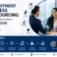 Professional Recruitment Process Outsourcing (RPO) infographic showing the end-to-end hiring process, including workforce planning, candidate sourcing, screening, interviews, onboarding, and key RPO benefits such as faster hiring, cost efficiency, scalability, and access to top talent.