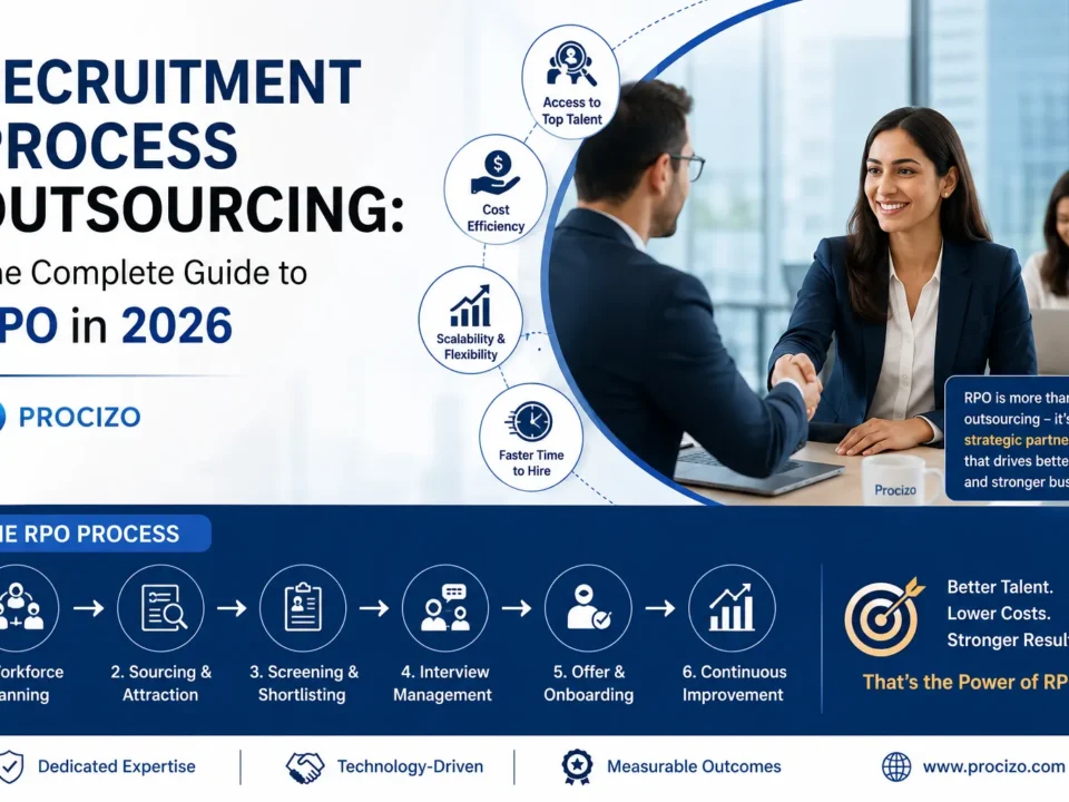 Professional Recruitment Process Outsourcing (RPO) infographic showing the end-to-end hiring process, including workforce planning, candidate sourcing, screening, interviews, onboarding, and key RPO benefits such as faster hiring, cost efficiency, scalability, and access to top talent.