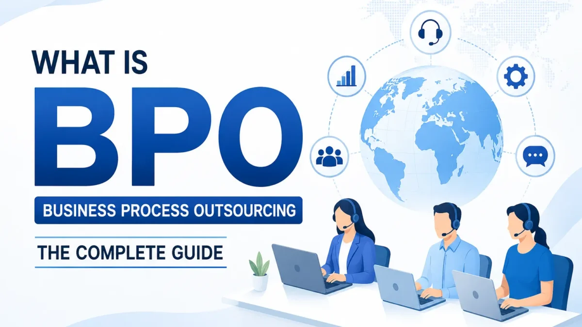 What is Business Process Outsourcing (BPO)? Professional illustration showing a global customer support team, business outsourcing services, and worldwide operations.