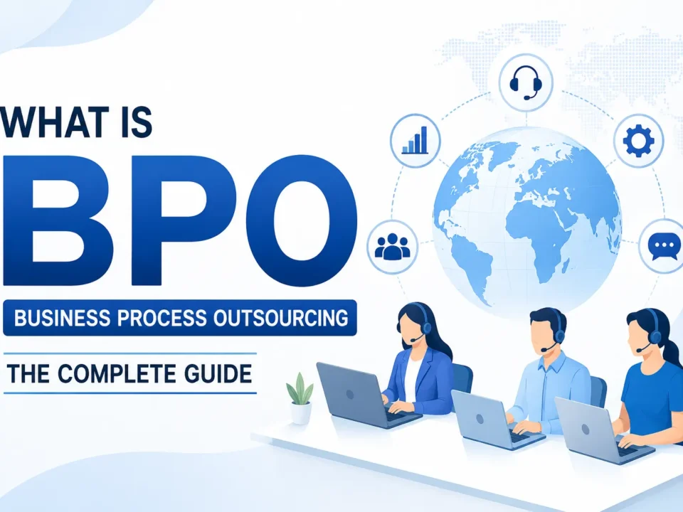 What is Business Process Outsourcing (BPO)? Professional illustration showing a global customer support team, business outsourcing services, and worldwide operations.