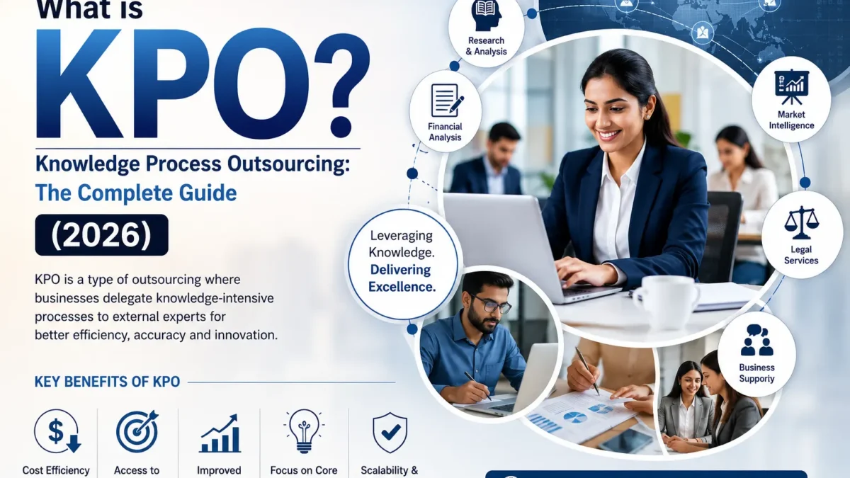 Professional infographic explaining Knowledge Process Outsourcing (KPO), highlighting research, financial analysis, market intelligence, legal services, business support, and the key benefits of KPO including cost efficiency, expert talent, scalability, and improved business performance.