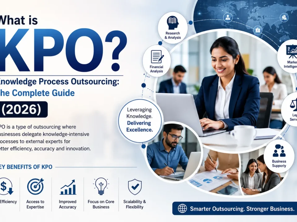 Professional infographic explaining Knowledge Process Outsourcing (KPO), highlighting research, financial analysis, market intelligence, legal services, business support, and the key benefits of KPO including cost efficiency, expert talent, scalability, and improved business performance.